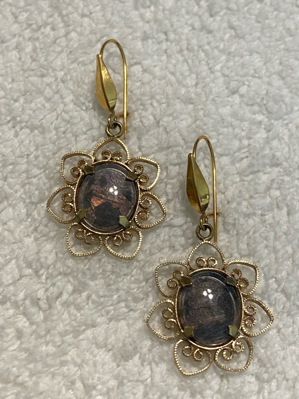 Gold Floral Drop Earrings with Iridescent Center